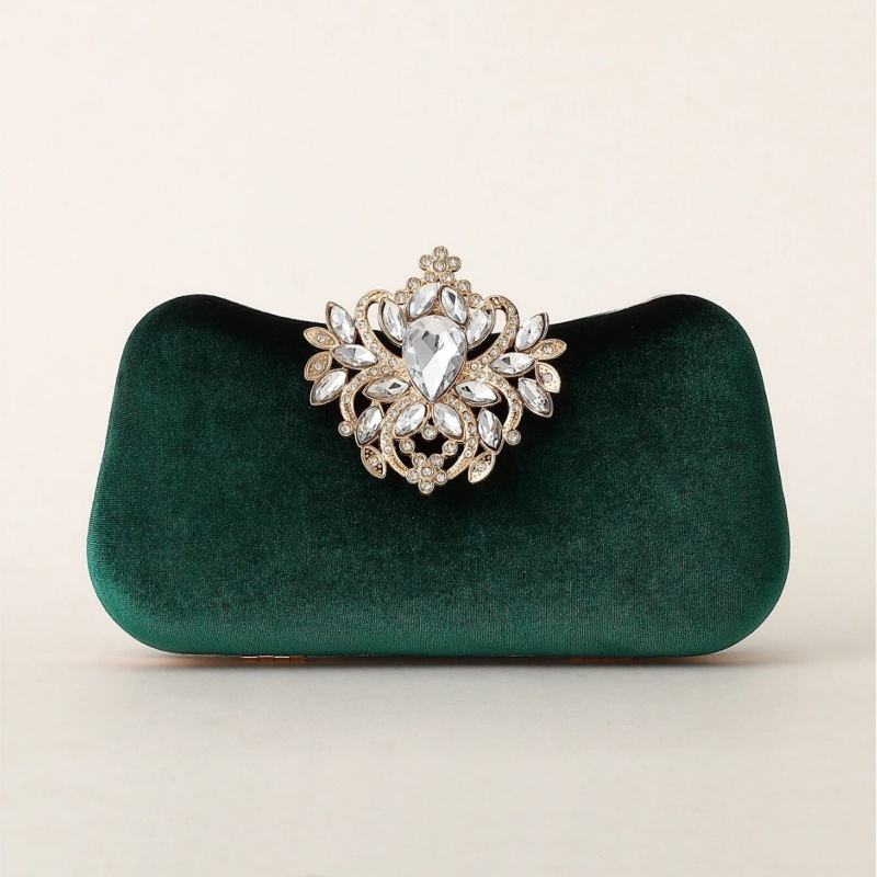 Women Bags Gold - กระเป๋าคลัทช์กำมะหยี่สีเขียวเข้ม ประดับคริสตัลหรูหรา ลายดอกไม้ กระเป๋าถือสำหรับงานกลางคืน ดีไซน์หรูหรา เหมาะสำหรับงานแต่งงาน