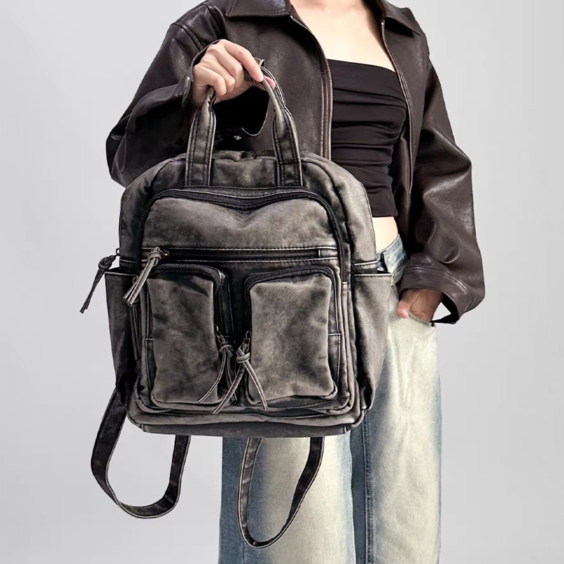 Women Bags In Trend - กระเป๋าเป้หนัง PU ล้างนุ่มหรูหรา กระเป๋าสะพายหลังแฟชั่นสำหรับสาวๆ กระเป๋าสะพายมอเตอร์ไซค์สไตล์วินเทจ กระเป๋าเป้หลายช่องสำหรับผู้หญิง