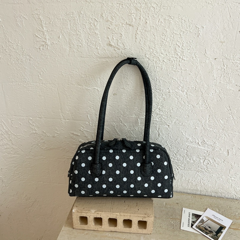 Women Bags 2026 - กระเป๋าสะพายไหล่ลายจุดมินิบอสตันรุ่นใหม่ปี 2026 กระเป๋าถือทรงสวยหรูสำหรับผู้หญิง สายยาว สะพายใต้แขน พร้อมจี้โบว์ประดับมุก