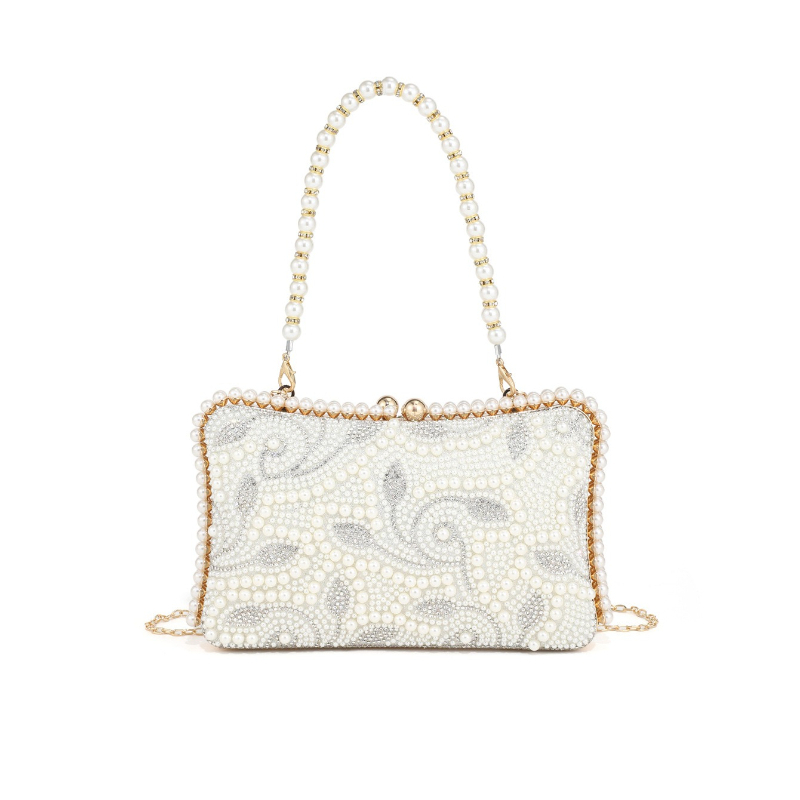 Evening Bag Beaded - กระเป๋าคลัทช์สำหรับผู้หญิง ประดับมุกและลูกปัด ปักลายดอกไม้และเพชรเทียม กระเป๋าถือแบบแข็ง สีขาว เหมาะสำหรับงานแต่งงาน