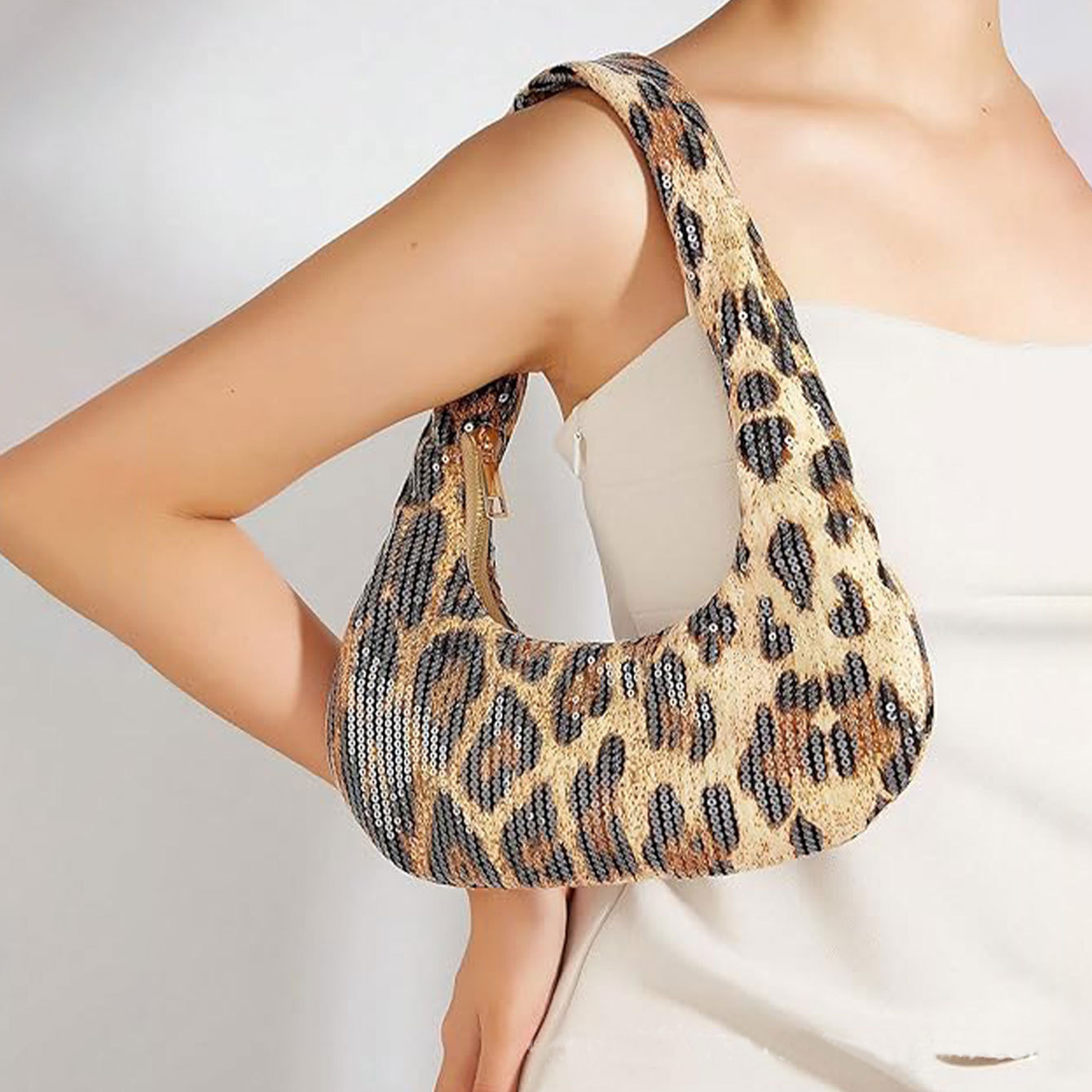 Evening Bag Beaded - เลื่อมเสือดาวพิมพ์คลัทช์สําหรับผู้หญิง Underarm Hobo กระเป๋า Lady กระเป๋าถือไหล่สําหรับงานปาร์ตี้และ