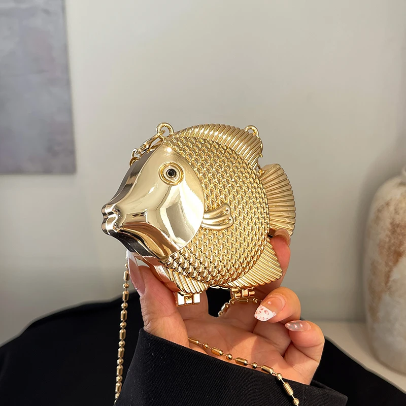 Women Bags Gold - ปลาน้อยน่ารักรูปร่างโลหะมินิไหล่Crossbodyกระเป๋าLadyแฟชั่นลิปสติกกระเป๋าทองเงินกระเป๋าถือคลัทช์กระเป๋า