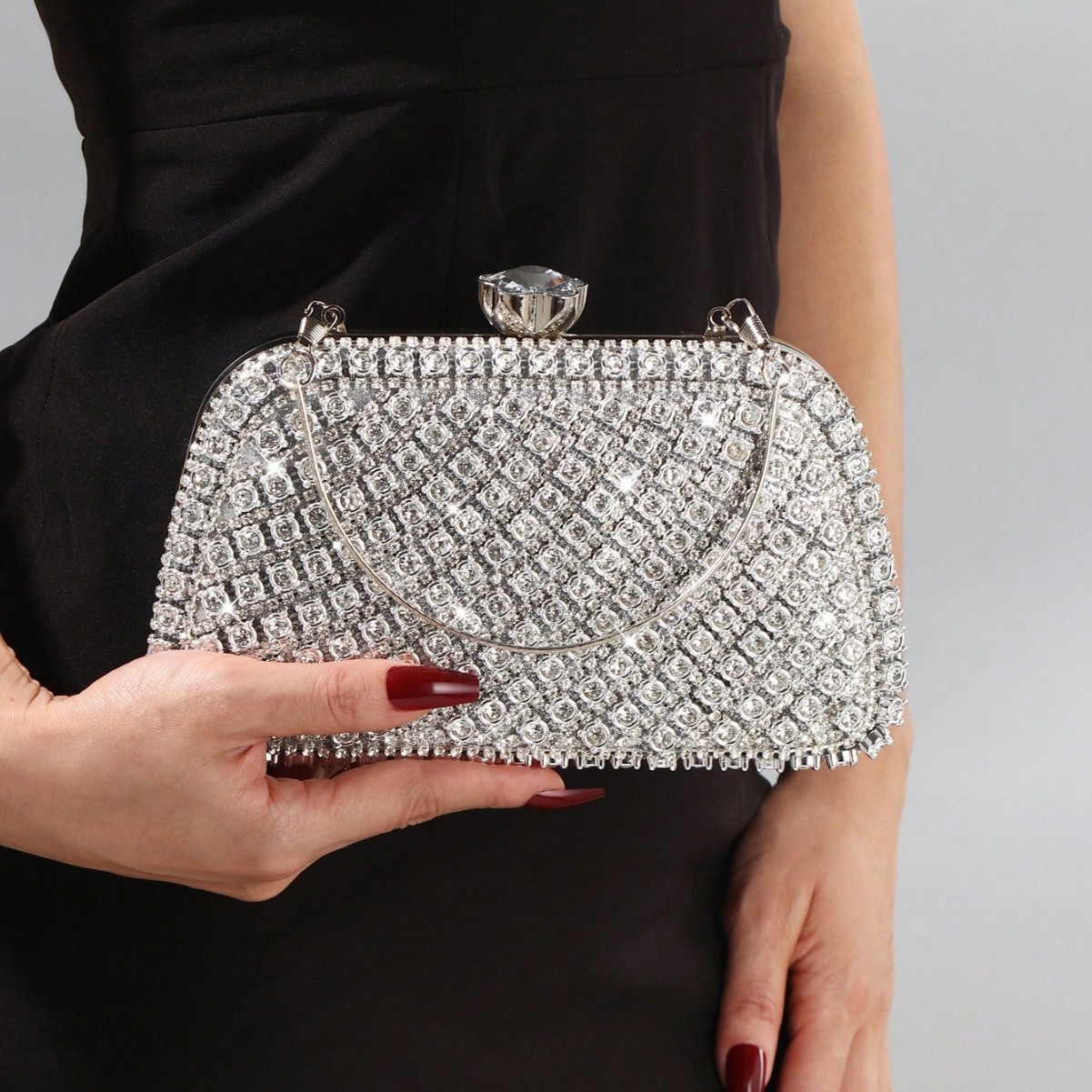 Evening Bag Beaded - กระเป๋าคลัทช์ทรงกล่องประดับเพชรหรูหรา สีเงิน สำหรับงานแต่งงาน งานกลางคืน สไตล์วินเทจ ประดับลูกปัด