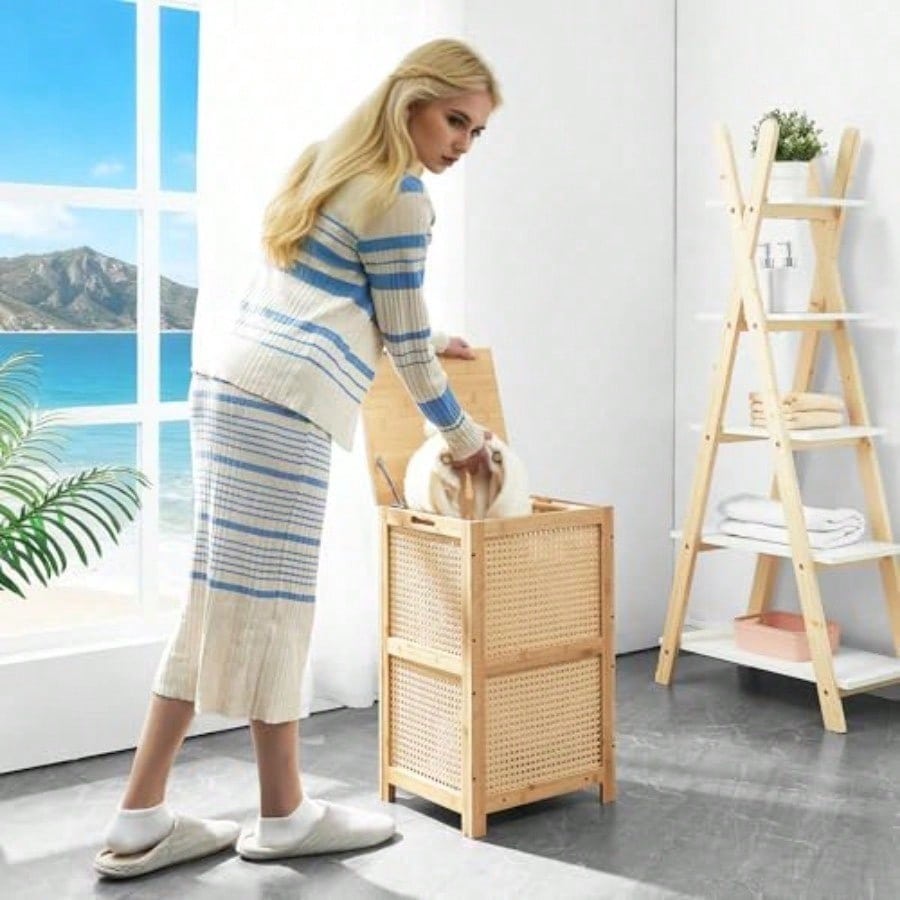 ตะกร้าใส่ผ้าสานจากไม้ไผ่พร้อมฝ - Basket Bag Wicker บทวิจารณ์และราคา