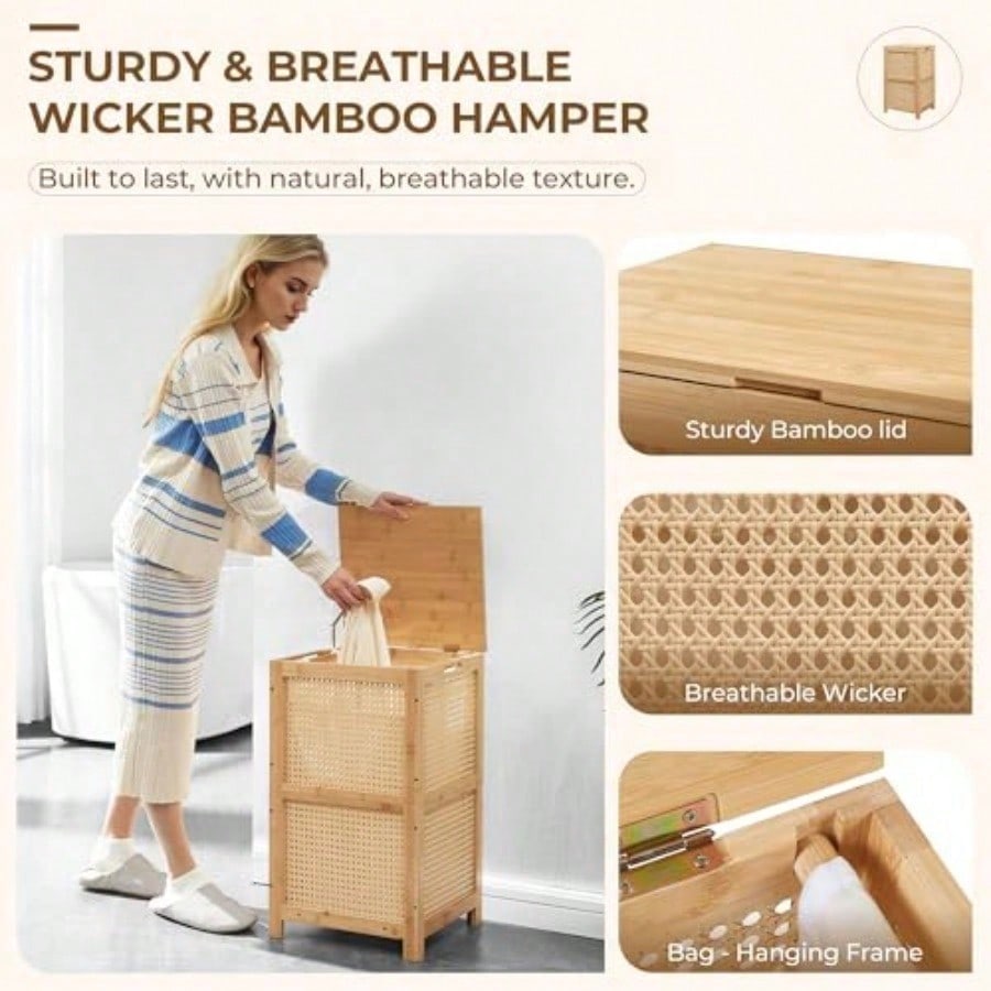ตะกร้าใส่ผ้าสานจากไม้ไผ่พร้อมฝ - Basket Bag Wicker บทวิจารณ์และราคา