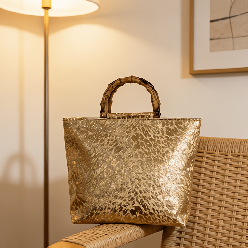 กระเป๋าโท้ทลายใบไม้สีทองเมทัลล - Women Bags Gold บทวิจารณ์และราคา