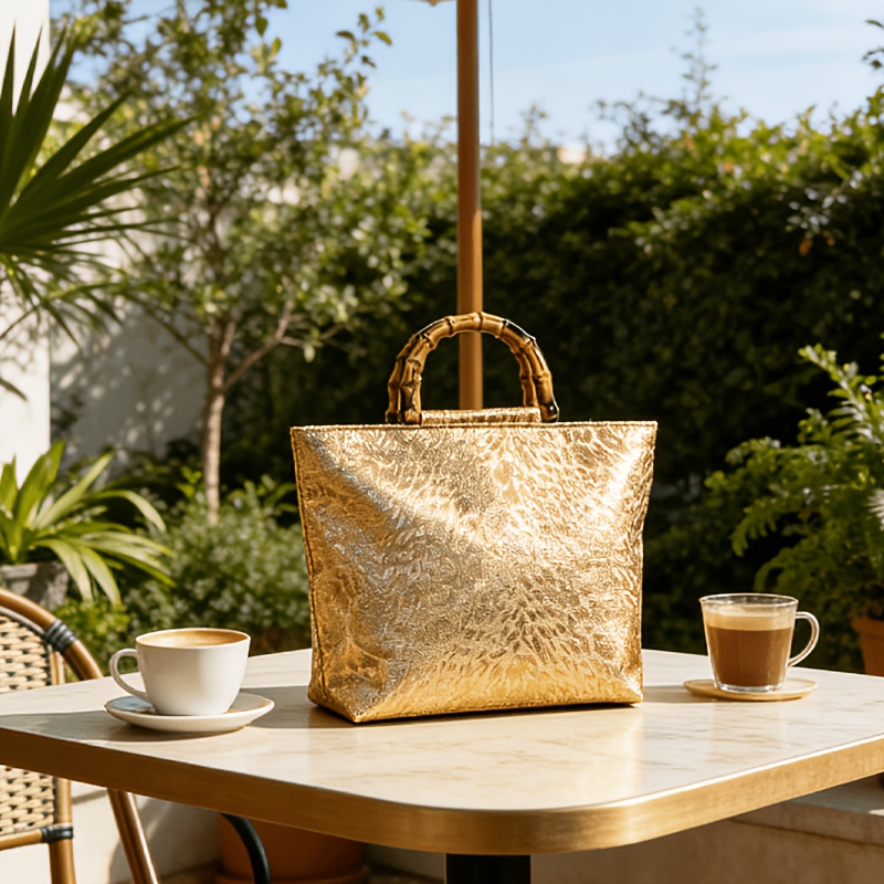 กระเป๋าโท้ทลายใบไม้สีทองเมทัลล - Women Bags Gold บทวิจารณ์และราคา